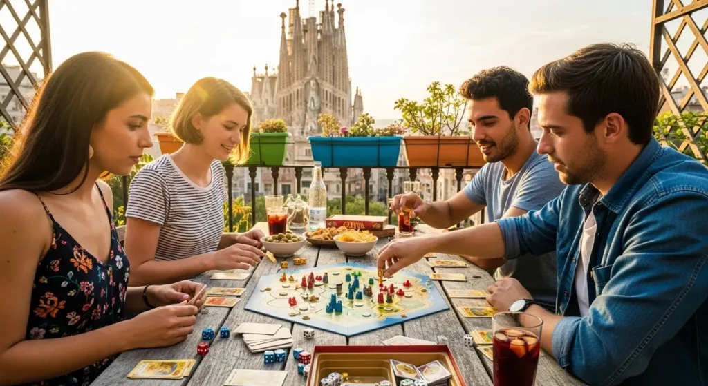 Gente jugando a Catan en Barcelona