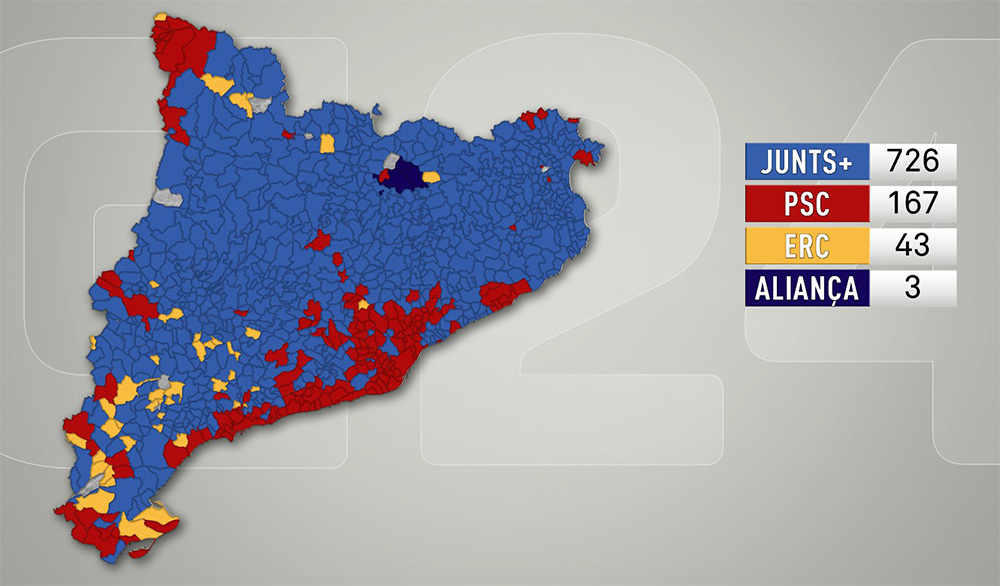 Mapa del partido ganador en las elecciones autonómicas catalanas.